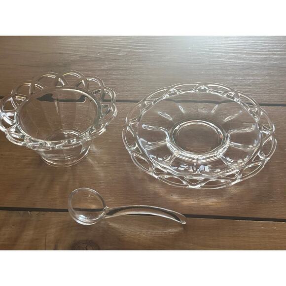Vintage Imperial Glass Crochet/Lace Condiment 3 Piece Set. Mayo.Plate Bowl Spoon - Picture 2 of 10
